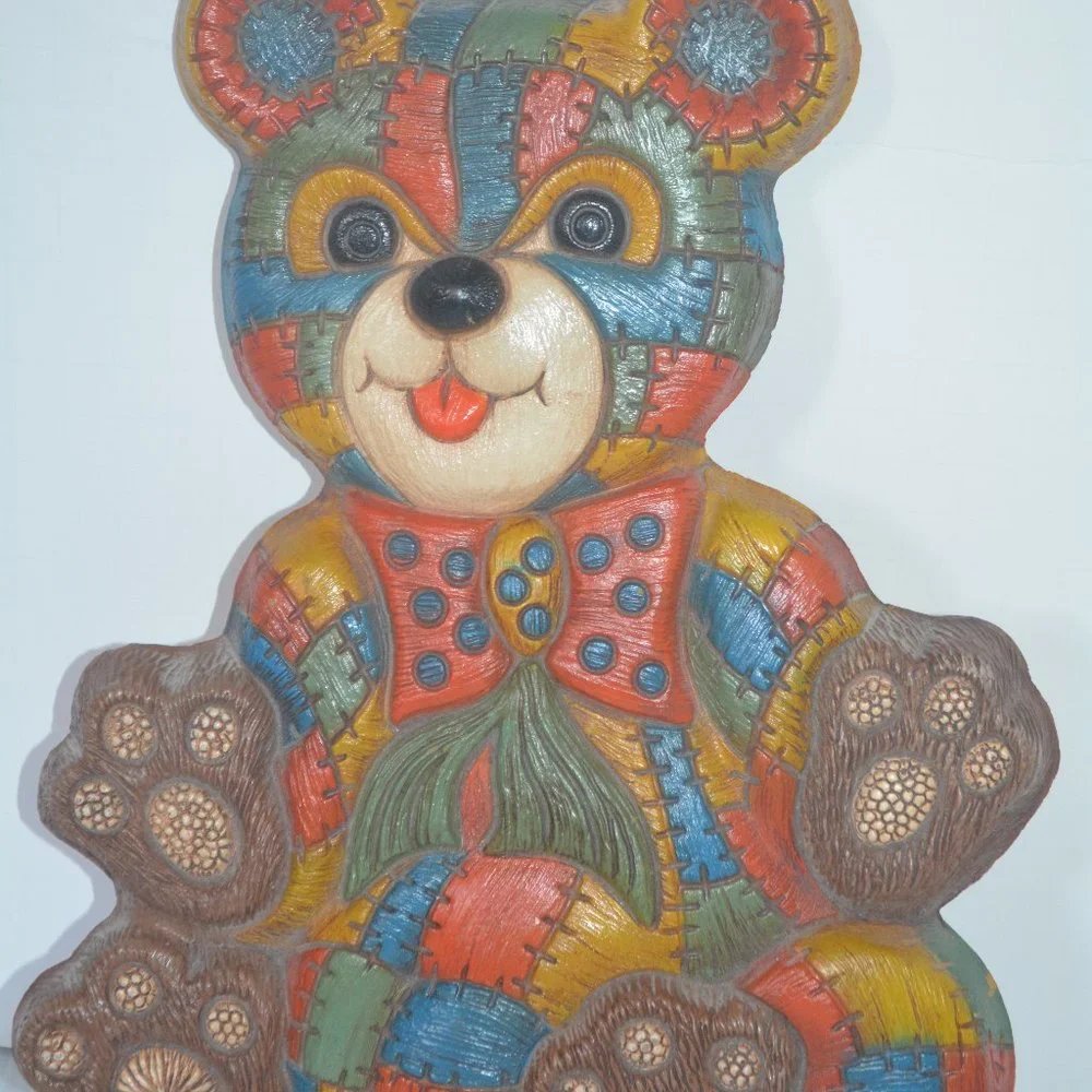 Vintage Foam Craft Wall Decor Patchwork Teddy Bear 1979 MCM Hanging Plaque 12.5